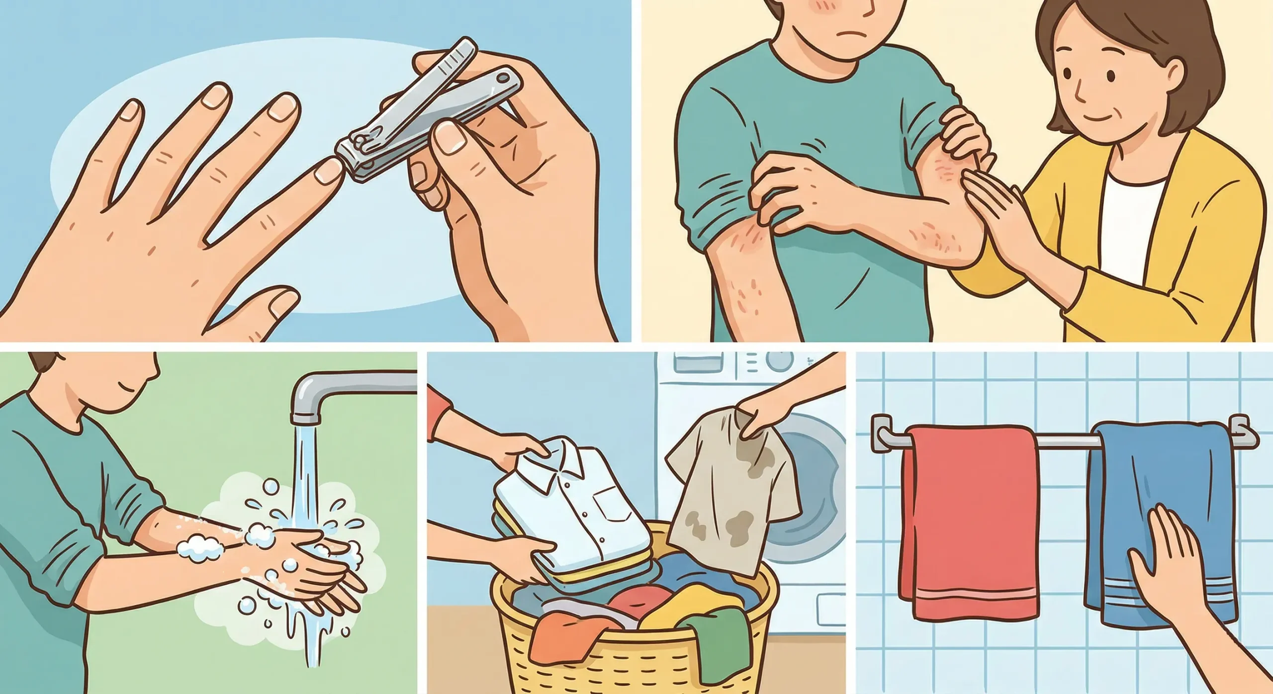 とびひの治療中に家庭で守るべき5つの生活習慣（爪切り、掻痒防止、患部の洗浄、タオルと衣類の衛生管理）を図解。