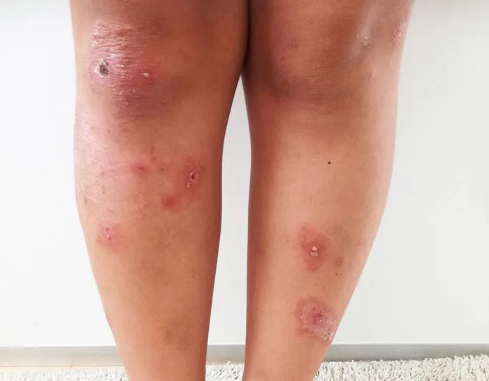 両脚の膝下に、水ぶくれ、ただれ、かさぶた（痂皮）が複数見られる、伝染性膿痂疹（とびひ）の症例写真