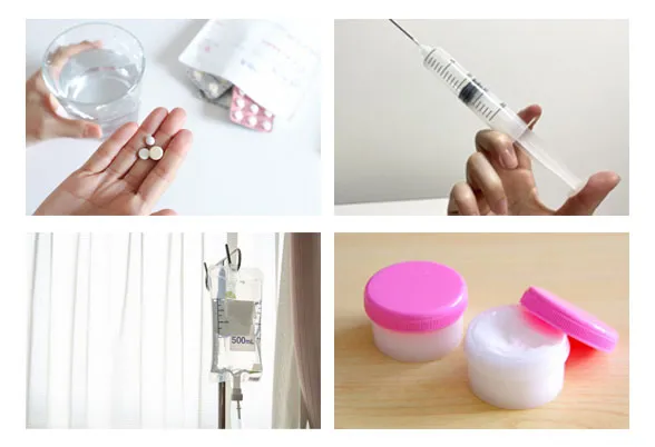 薬疹の原因となる可能性のある4つの形態：内服薬（錠剤）、注射薬、点滴薬、塗り薬（軟膏）