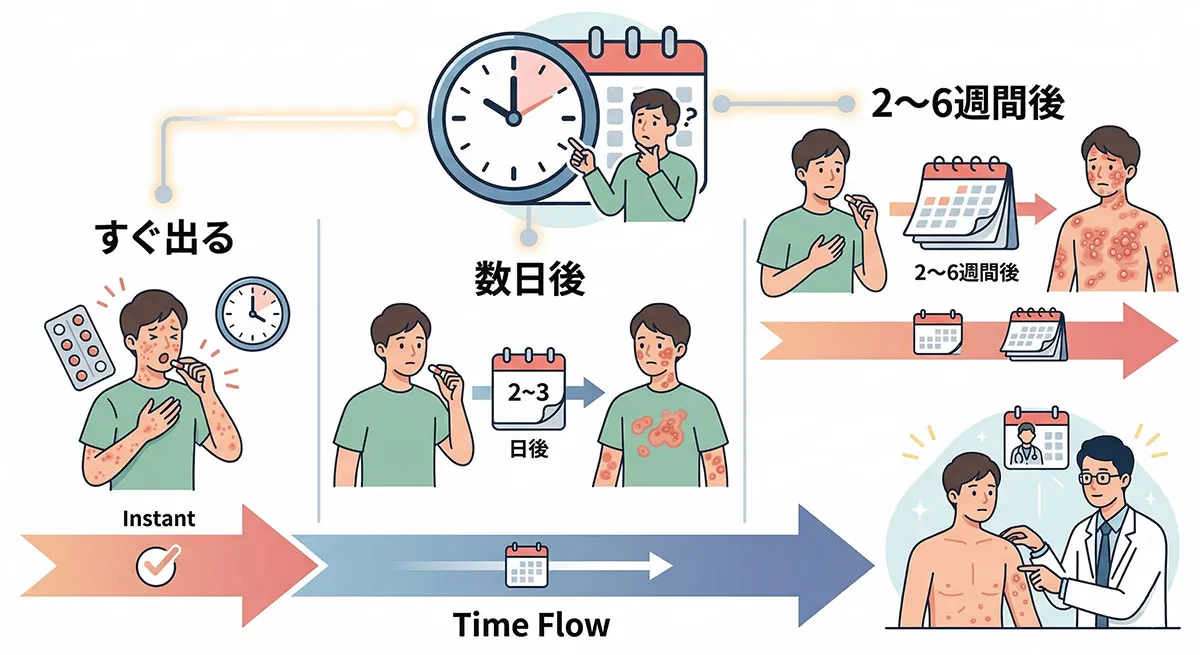 薬疹の発症タイミング(時系列)を図解。「すぐ出る」「数日後」「2〜6週間後」という3つの発症パターンと、診断において服用時期の特定が重要であることを示している。