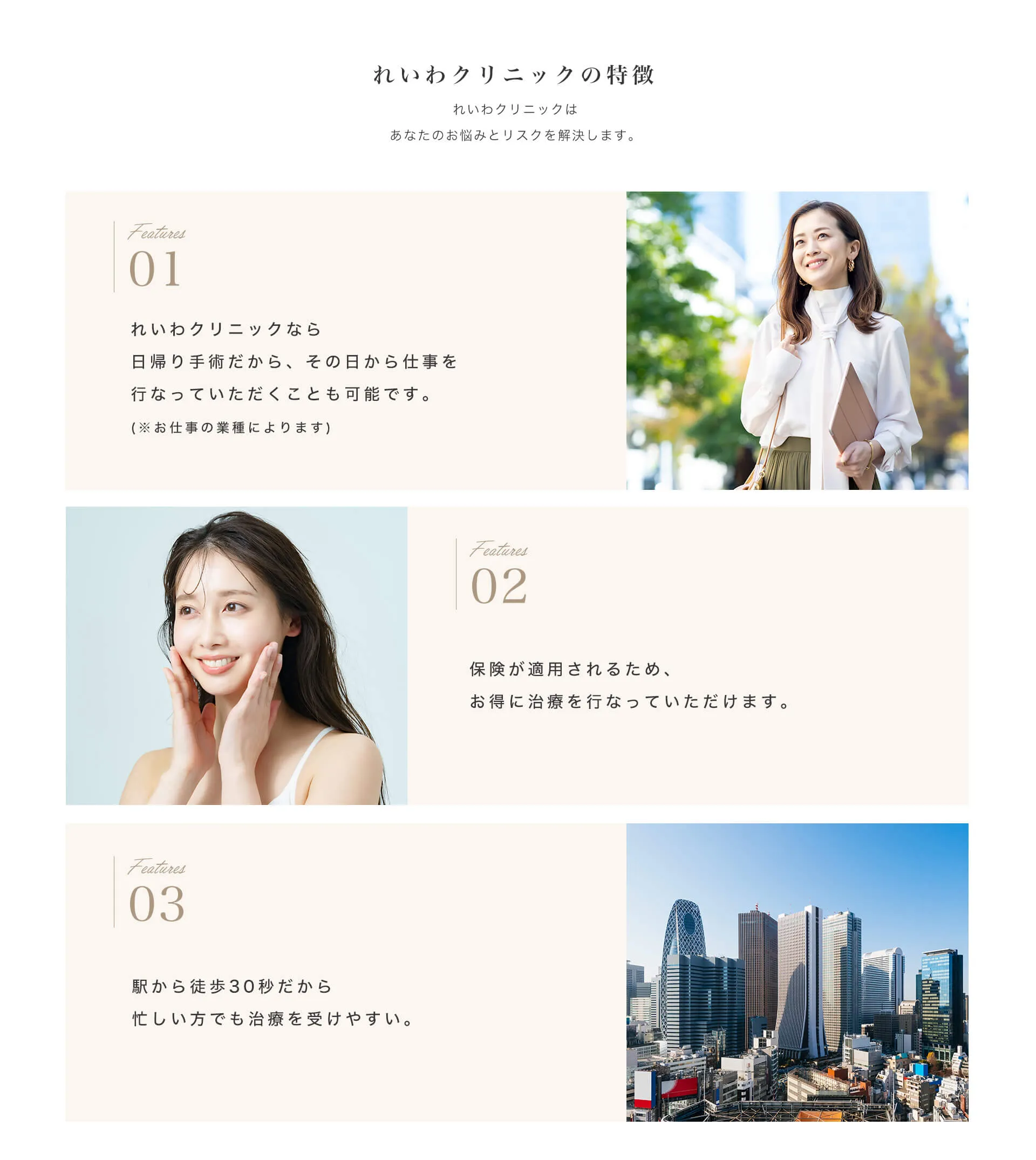 当院の特徴。日帰り手術、保険適用、駅から徒歩30秒。