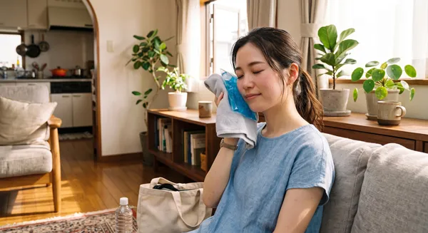 保冷剤をタオルで包み肌にあててクーリング・冷却する様子