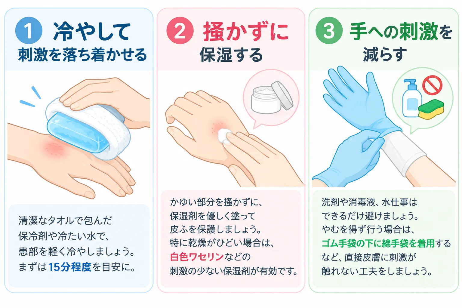手荒れの応急処置3ステップ：1.冷やして刺激を落ち着かせる、2.掻かずに保湿する、3.手への刺激を減らす