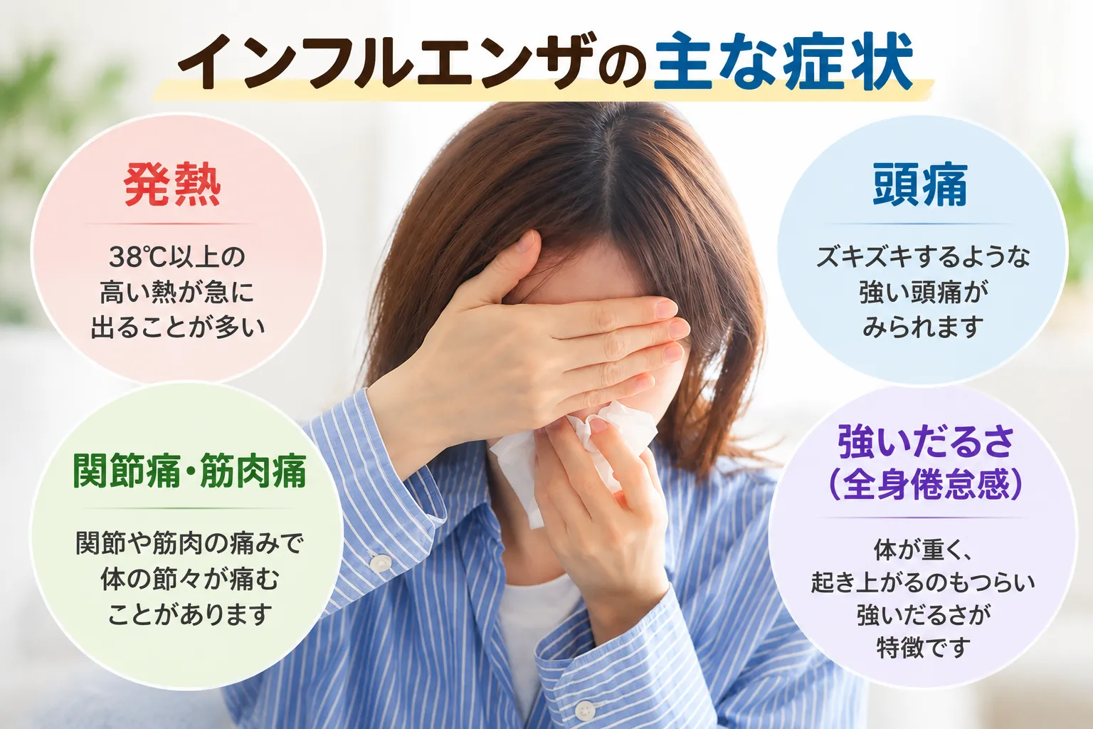インフルエンザの主な症状｜発熱・頭痛・関節痛・筋肉痛・強いだるさ