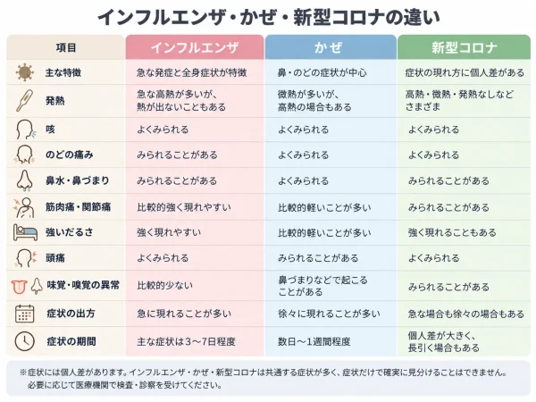 インフルエンザ・風邪・新型コロナの症状比較表
