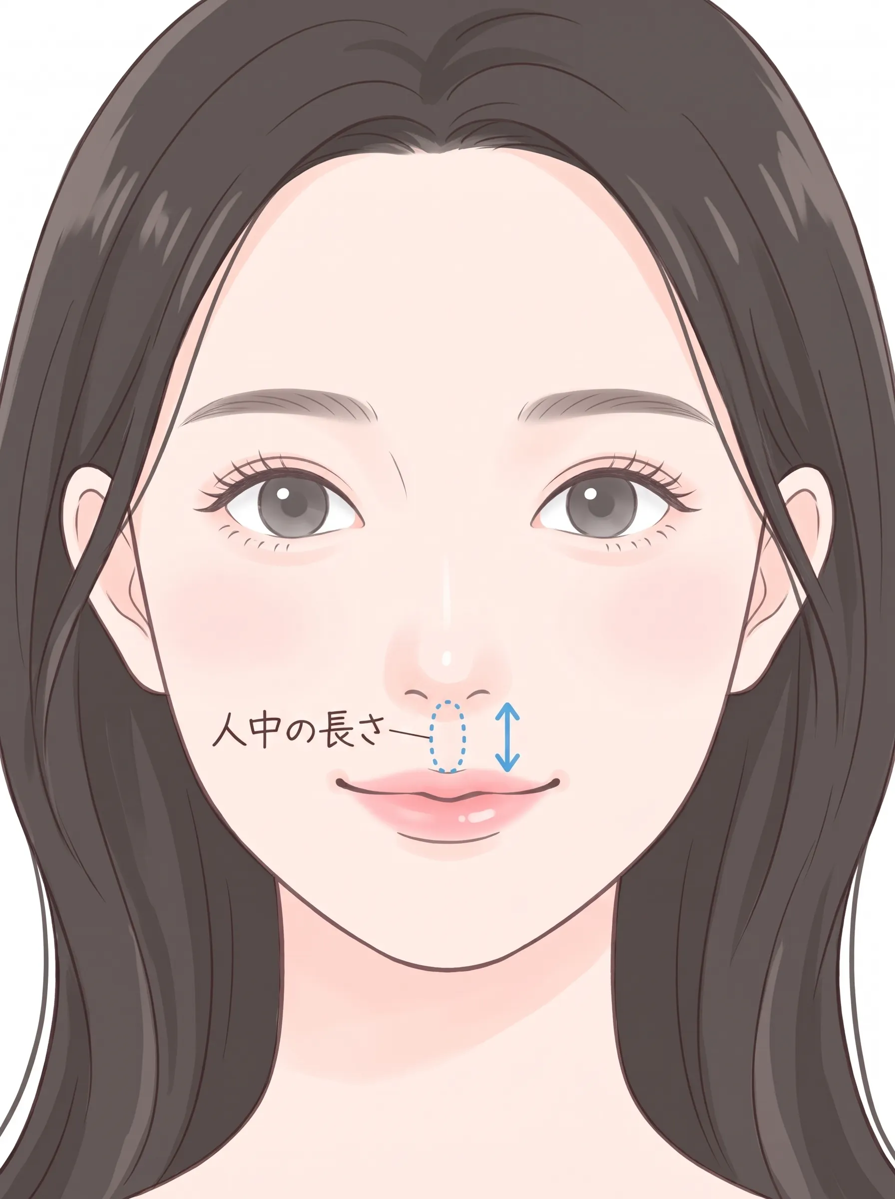 人中の長さの測定位置を示すイラスト(鼻下点から上唇中央の境目まで)