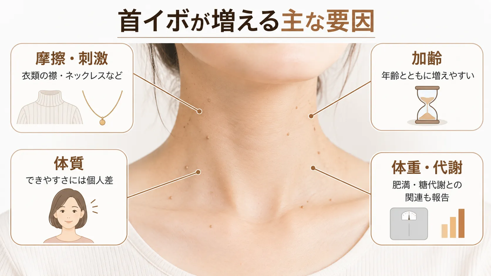 首イボ（アクロコルドン）が増える原因として摩擦・加齢・体質・体重や代謝との関連を示した図